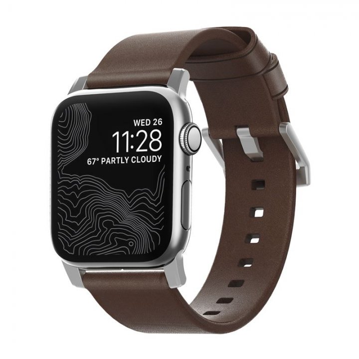 Nomad kožený řemínek hnědý, stříbrné kování - Apple Watch 45 / 44 / 42 / 49 mm