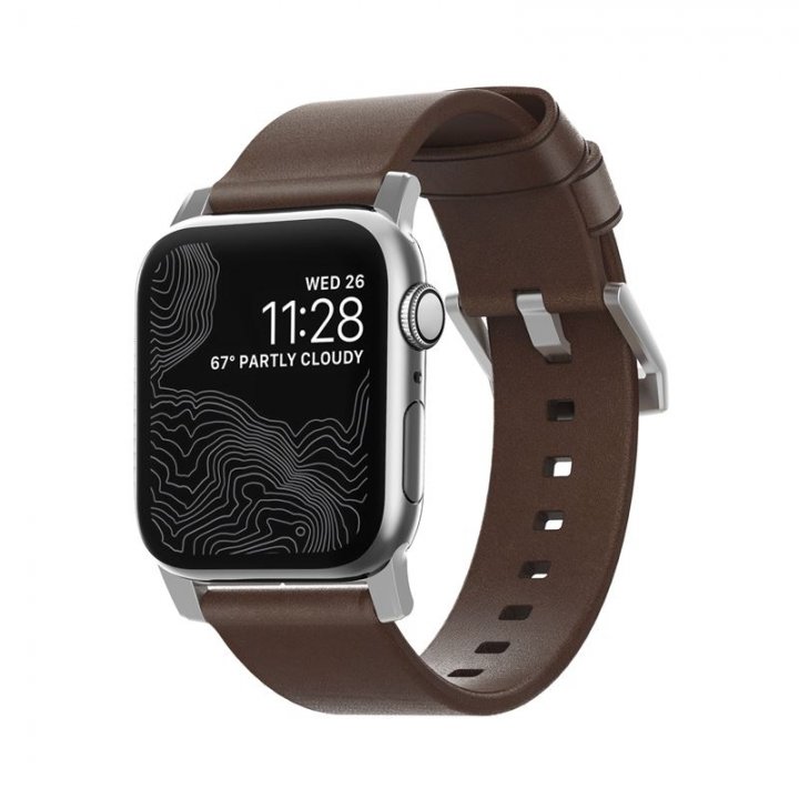 Nomad kožený řemínek hnědý, stříbrné kování - Apple Watch 41 / 40 / 38 mm