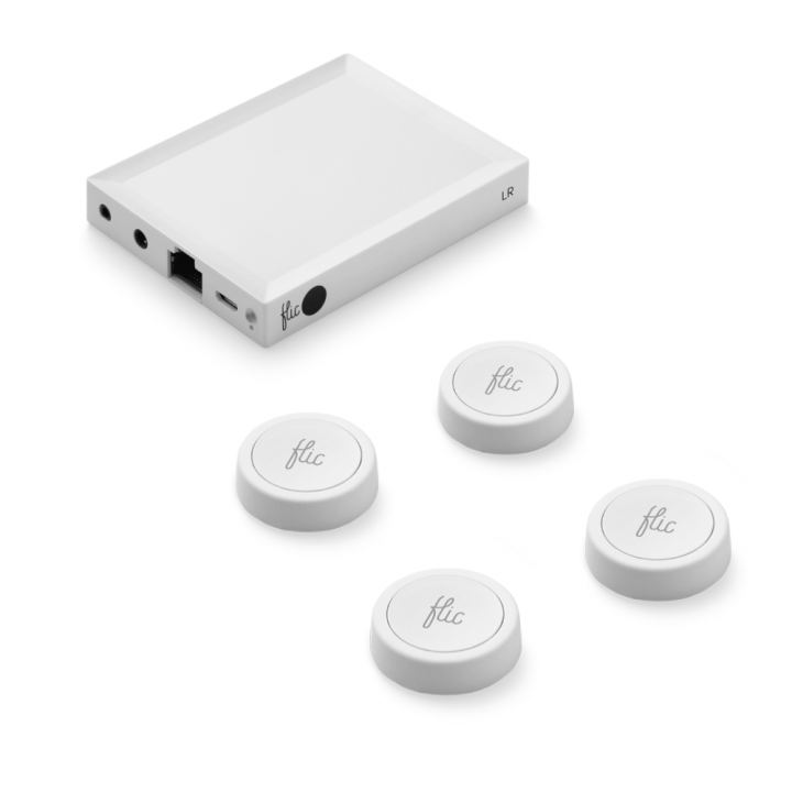 Flic 2 Starter Kit – 4x chytré Bluetooth tlačítko, Hub LR, síťový adaptér, nálepky