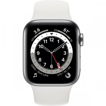 Apple Watch Series 6 Cellular 44mm stříbrná ocel s bílým sportovním řemínkem
