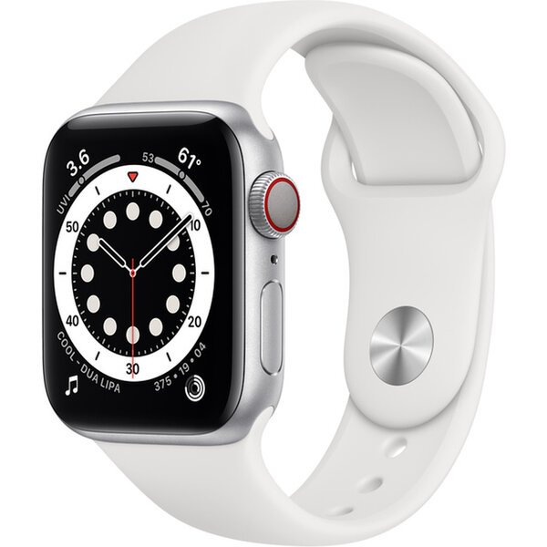 Apple Watch Series 6 Cellular 44mm stříbrný hliník s bílým sportovním řemínkem