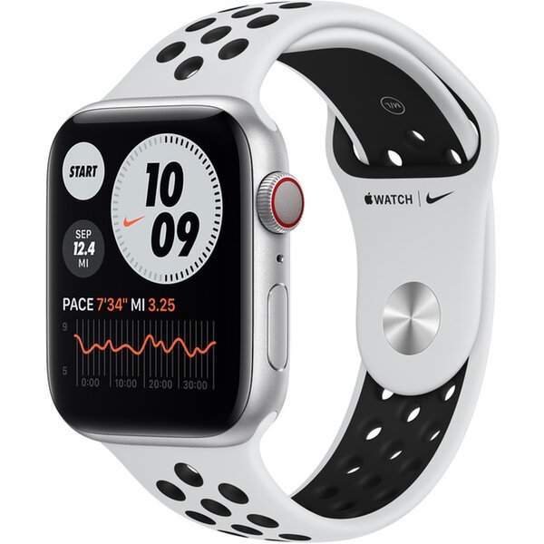 Apple Watch Nike Series 6 Cellular 44mm stříbrný hliník s platinovým/černým sportovním řemínkem