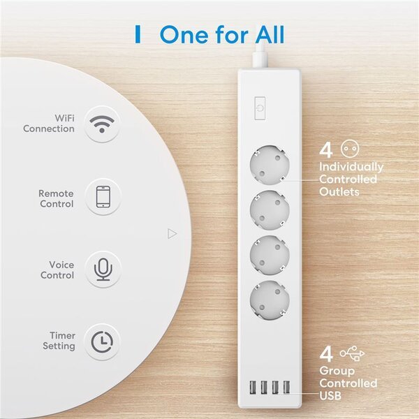 Meross Smart Wi-Fi Power Strip 4AC+4USB Apple HK - wifi zásuvka