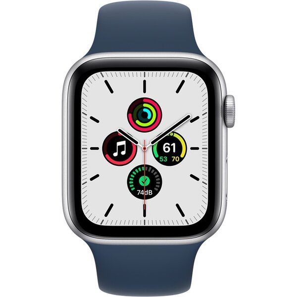 Apple Watch SE GPS 44mm stříbrné s hlubokomořsky modrým sportovním řemínkem