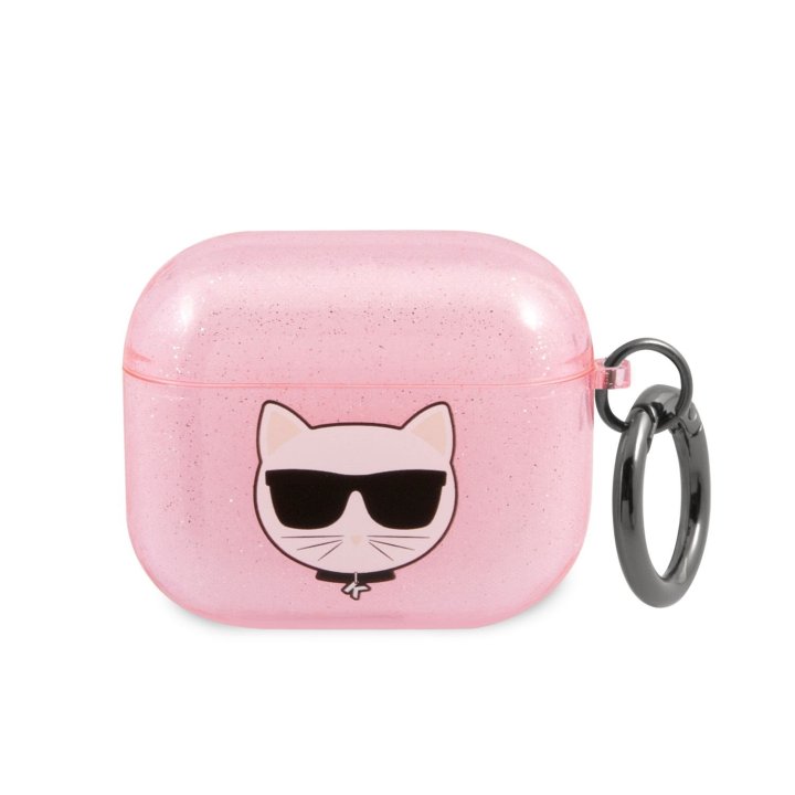 Karl Lagerfeld TPU Glitter Choupette Head, silikonové pouzdro pro Airpods 3, růžové