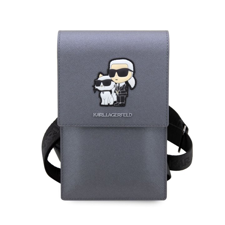 Karl Lagerfeld Saffiano Metal Logo NFT Wallet Phone - taška na mobilní telefon, stříbrná