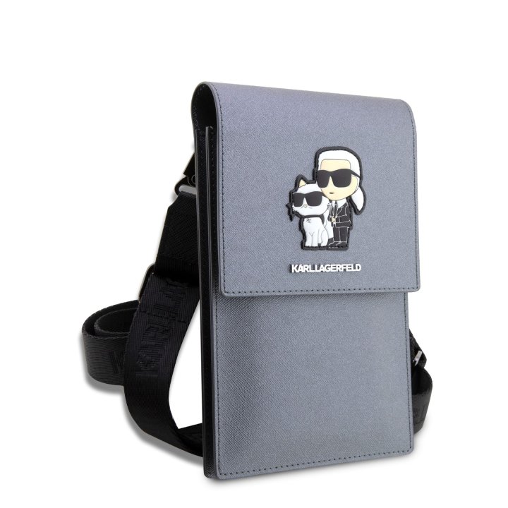 Karl Lagerfeld Saffiano Metal Logo NFT Wallet Phone - taška na mobilní telefon, stříbrná