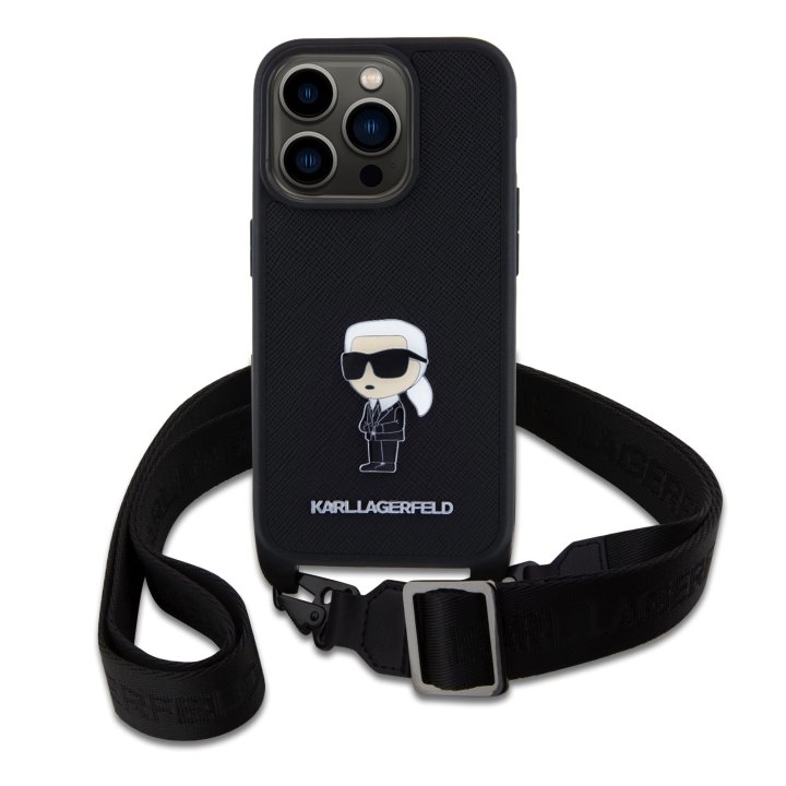 Karl Lagerfeld Saffiano Crossbody Iconic, kryt s popruhem pro iPhone 15 Pro, černý