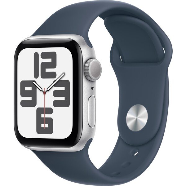 Apple Watch SE (2023) Cellular 40mm stříbrné / sportovní silikonový řemínek bouřkově modrý M/L