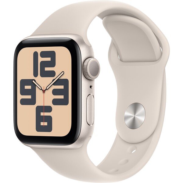 Apple Watch SE (2023) Cellular 44mm bílé / sportovní silikonový řemínek hvězdně bílý M/L