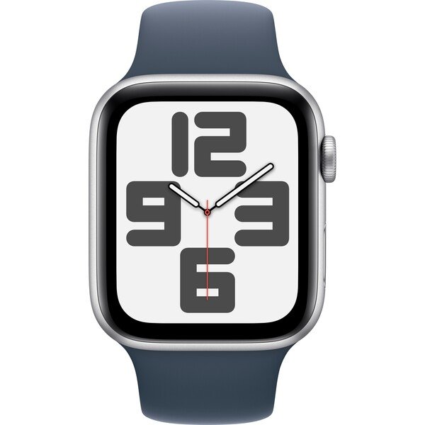 Apple Watch SE (2023) Cellular 44mm stříbrné / sportovní silikonový řemínek bouřkově modrý S/M