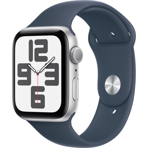 Apple Watch SE (2023) GPS 44mm stříbrné / sportovní silikonový řemínek bouřkově modrý M/L