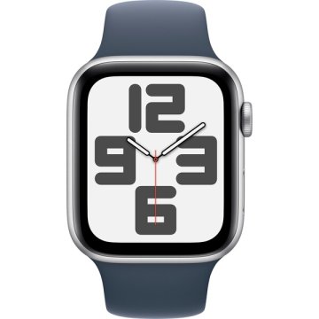 Apple Watch SE (2023) GPS 44mm stříbrné / sportovní silikonový řemínek bouřkově modrý S/M