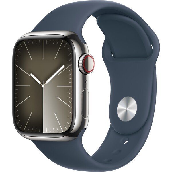 Apple Watch Series 9 Cellular 41mm stříbrná ocel s bouřkově modrým řemínkem S/M