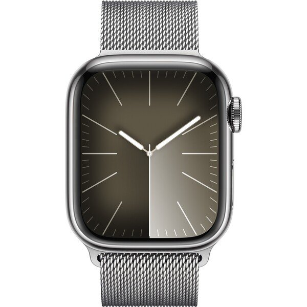 Apple Watch Series 9 Cellular 45mm stříbrná ocel se stříbrným milánským tahem