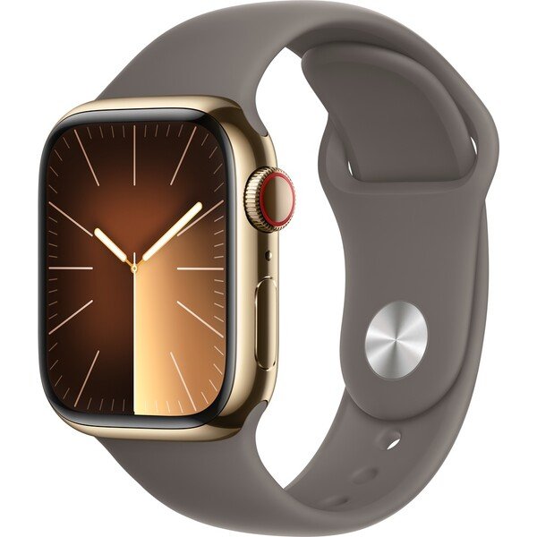 Apple Watch Series 9 Cellular 45mm zlatá ocel s jílově šedým sportovním řemínkem S/M