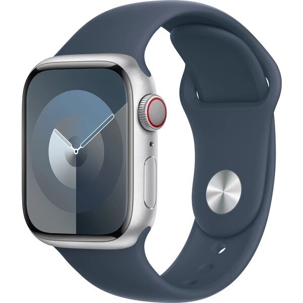 Apple Watch Series 9 Cellular 45mm stříbrný hliník s bouřkově modrým sportovním řemínkem S/M