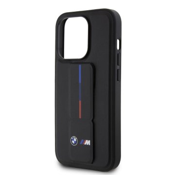 BMW M Collection PU Grip Stand Tricolor Line - ochranný kryt pro iPhone 15 Pro Max, černý