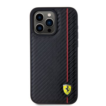 Ferrari PU Leather Carbon Vertical Red Line - ochranný kryt pro iPhone 15 Pro Max, černý