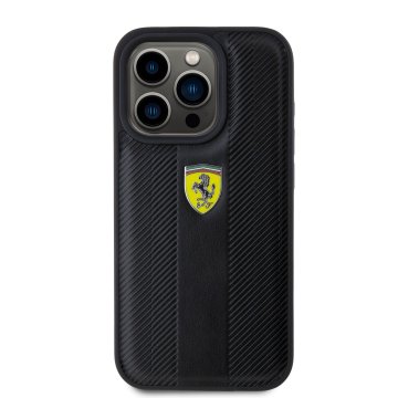 Ferrari PU Leather Hot Stamp Groove Pattern - ochranný kryt pro iPhone 15 Pro, černý