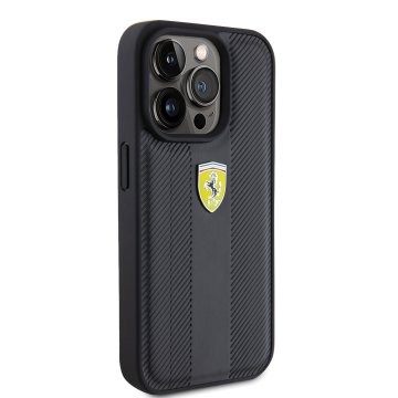 Ferrari PU Leather Hot Stamp Groove Pattern - ochranný kryt pro iPhone 15 Pro, černý