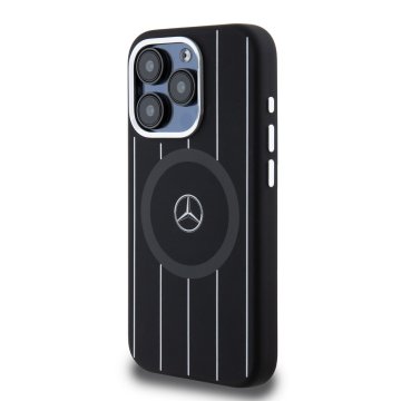 Mercedes Liquid Silicon Stripes Pattern - ochranný kryt s MagSafe pro iPhone 15 Pro, černý