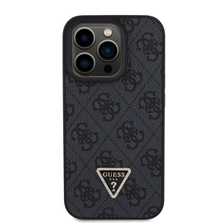 Guess PU 4G Strass Triangle Metal Logo - ochranný kryt pro iPhone 15 Pro, černý