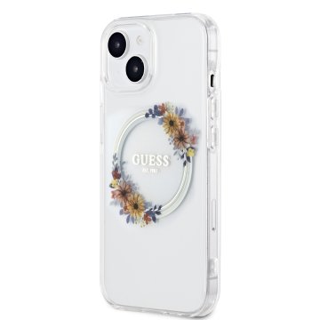 Guess PC/TPU Flowers Ring Glossy Logo - ochranný kryt s MagSafe pro iPhone 15, čirý