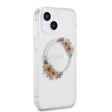 Guess PC/TPU Flowers Ring Glossy Logo - ochranný kryt s MagSafe pro iPhone 15, čirý