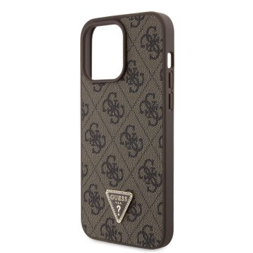 Guess PU 4G Strass Triangle Metal Logo - ochranný kryt pro iPhone 15 Pro Max, hnědý