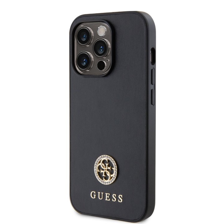 Guess PU 4G Strass Metal Logo - ochranný kryt pro iPhone 15 Pro, černý