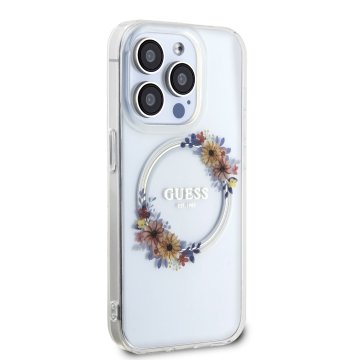 Guess PC/TPU Flowers Ring Glossy Logo - ochranný kryt s MagSafe pro iPhone 14 Pro Max, čirý