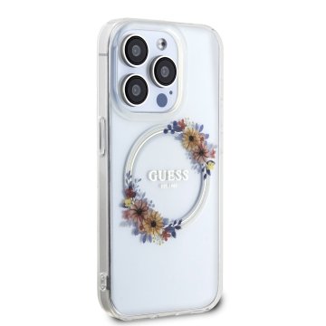 Guess PC/TPU Flowers Ring Glossy Logo - ochranný kryt s MagSafe pro iPhone 15 Pro, čirý