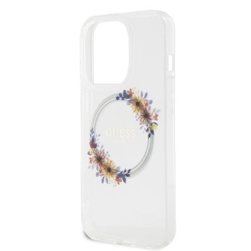 Guess PC/TPU Flowers Ring Glossy Logo - ochranný kryt s MagSafe pro iPhone 15 Pro, čirý