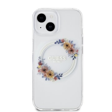 Guess PC/TPU Flowers Ring Glossy Logo - ochranný kryt s MagSafe pro iPhone 14, čirý