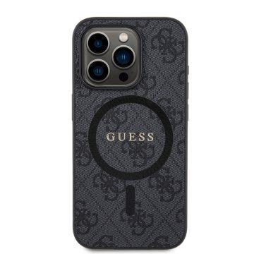 Guess PU Leather 4G Colored Ring - ochranný kryt s MagSafe pro iPhone 15 Pro, černý