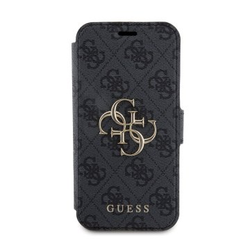 Guess PU Leather 4G Metal Logo Book - ochranný kryt pro iPhone 15 Pro, šedý