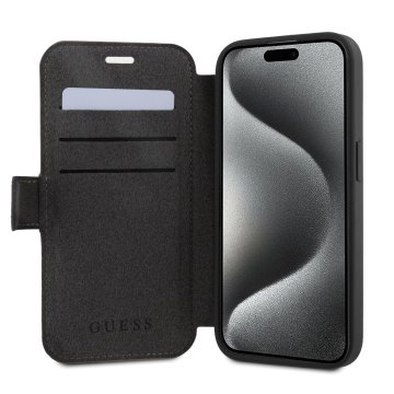 Guess PU Leather 4G Metal Logo Book - ochranný kryt pro iPhone 15 Pro, šedý