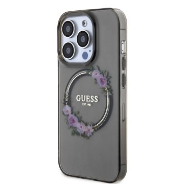 Guess PC/TPU Flowers Ring Glossy Logo - ochranný kryt s MagSafe pro iPhone 14 Pro Max, černý