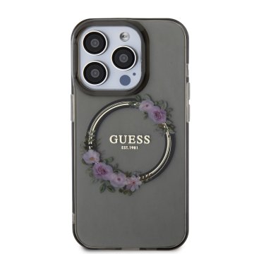 Guess PC/TPU Flowers Ring Glossy Logo - ochranný kryt s MagSafe pro iPhone 14 Pro Max, černý