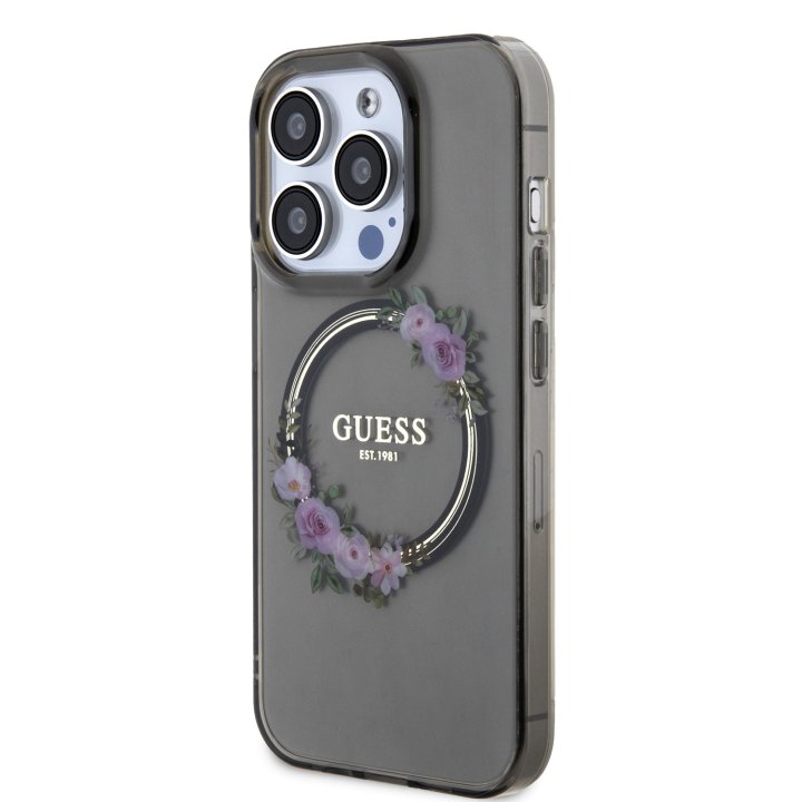 Guess PC/TPU Flowers Ring Glossy Logo - ochranný kryt s MagSafe pro iPhone 13 Pro, černý