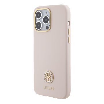 Guess Liquid Silicone 4G Strass Metal Logo - ochranný kryt pro iPhone 15 Pro Max, růžový
