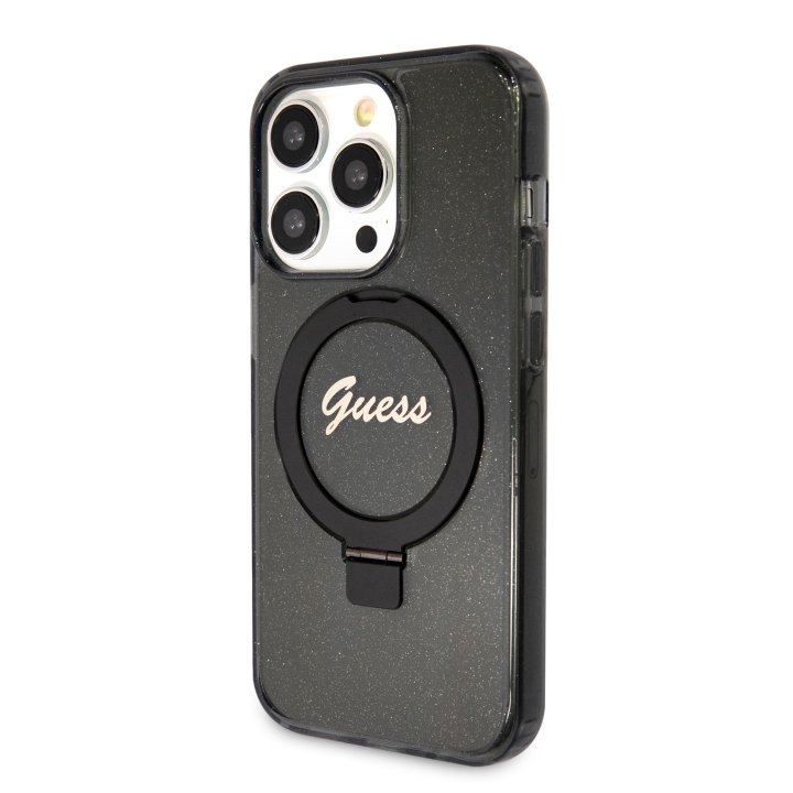 Guess IML Ring Stand Glitter - ochranný kryt s MagSafe pro iPhone 15 Pro, černý