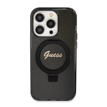 Guess IML Ring Stand Glitter - ochranný kryt s MagSafe pro iPhone 15 Pro, černý