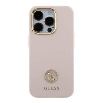 Guess Liquid Silicone 4G Strass Metal Logo - ochranný kryt pro iPhone 15 Pro, růžový