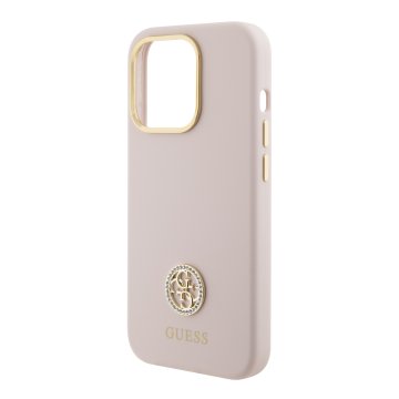 Guess Liquid Silicone 4G Strass Metal Logo - ochranný kryt pro iPhone 15 Pro, růžový