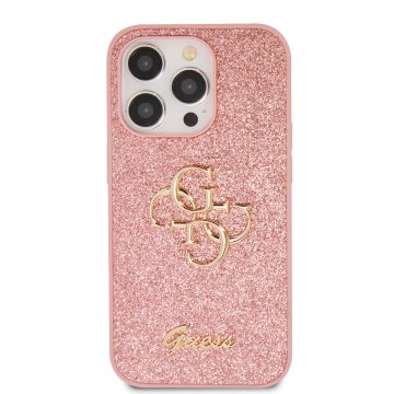 Guess PU Fixed Glitter 4G Metal Logo - ochranný kryt pro iPhone 15 Pro, růžový