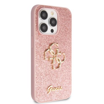 Guess PU Fixed Glitter 4G Metal Logo - ochranný kryt pro iPhone 15 Pro, růžový