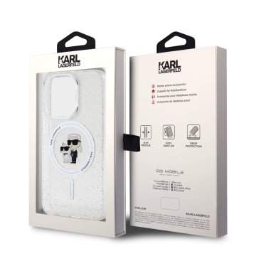 Karl Lagerfeld IML Glitter Karl and Choupette - ochranný kryt s MagSafe pro iPhone 15 Pro, čirý