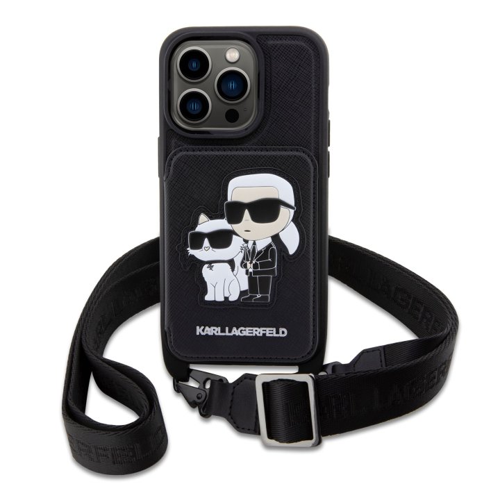 Karl Lagerfeld Saffiano Crossbody Popruh Karl and Choupette NFT Kryt pro iPhone 14 Pro Max, černý